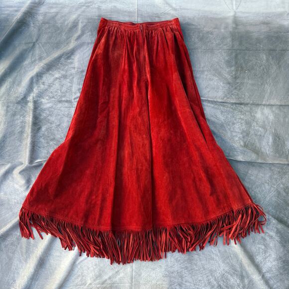 Double D Ranch Dresses & Skirts - Women's Vintage Double D Ranch Wear Red Suede Leather Long Fringe Skirt Sz Large